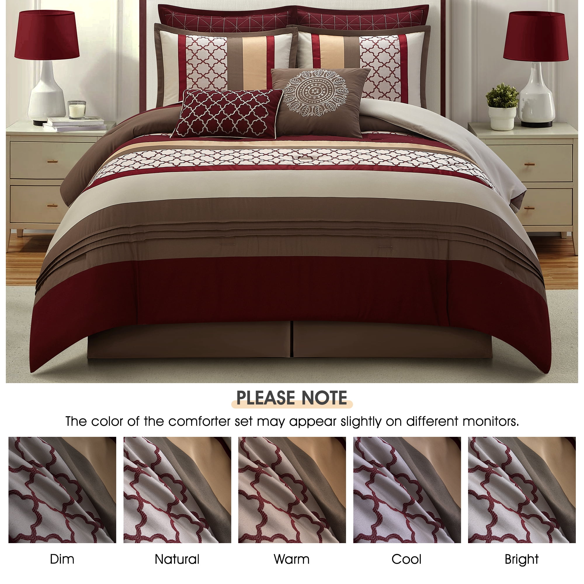 Lanco Moroccan Taupe/Red Berry/Gold, 8-Piece Comforter Set, California King, Striped/Geometric