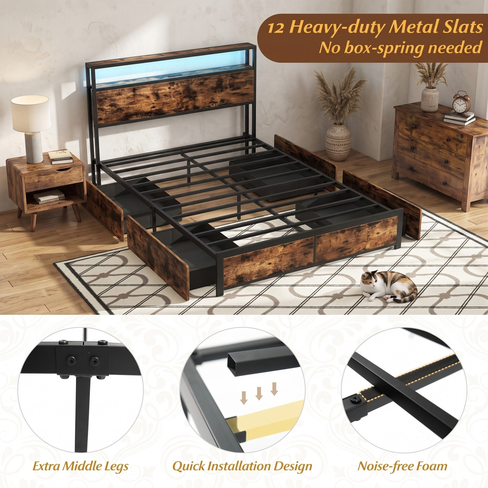 Furnibear Queen Bed Frame with Storage, Metal Platform Bed with 4 Drawers, LED Lights and 2-Tier Storage Headboard, Rustic Brown