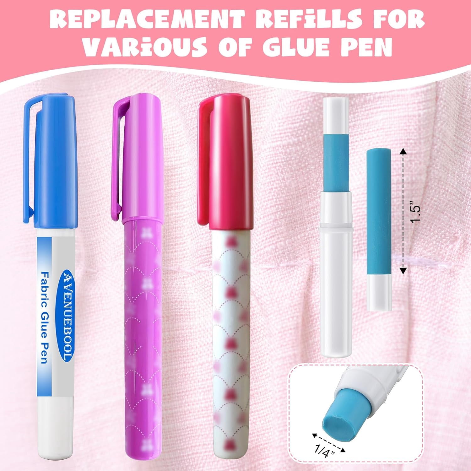 6 Pack Fabric Glue Pen Refills, Washable Temporary Fabric Sewing Adhesive, 2" L x 0.6" W, Water Soluble Blue Glue Stick Refills for English Paper, Quilting, Piecing Patchwork Sewing