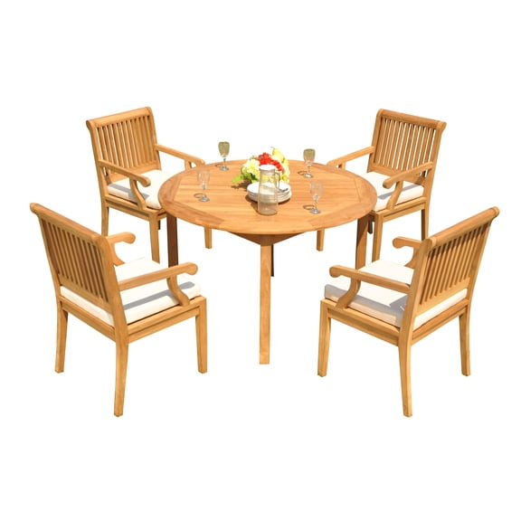 5-Piece Teak Dining Set: 48" Round Table   4 Sack Arm Chairs