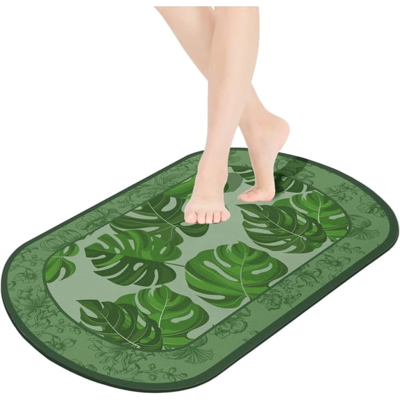 Sage Green Leaf Bath Mat Bathroom Rugs 31.5"x20" - Elegant Sage Green Oval Floor Rugs- Non Slip Absorbent Thin Diatomaceous Earth Floor Bath Mat-Sage Green Tropical Leaves Decor Stuff Accessories