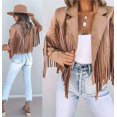 thumbnail image 2 of utcoco Women's Fashion Notched Collar Open-Front Fringed Performance Moto Faux Suede Leather Crop Jacket Coat, 2 of 3