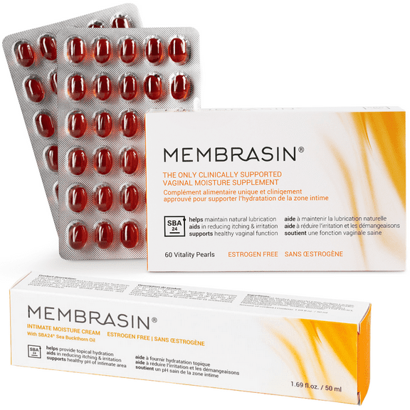 Membrasin Starter Pack - 30 Day Vitality Pearls, Estrogen-Free Oral Vaginal Moisture Supplement and Topical Vulva Cream, Provides Relief from Feminine Dryness, Burning, Irritation, and Itching
