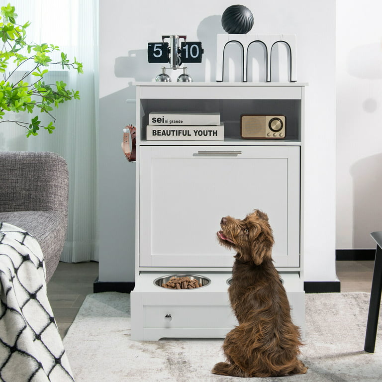 PawHut Pet Feeder Station, Dog and Cat Food Storage Cabinet, White