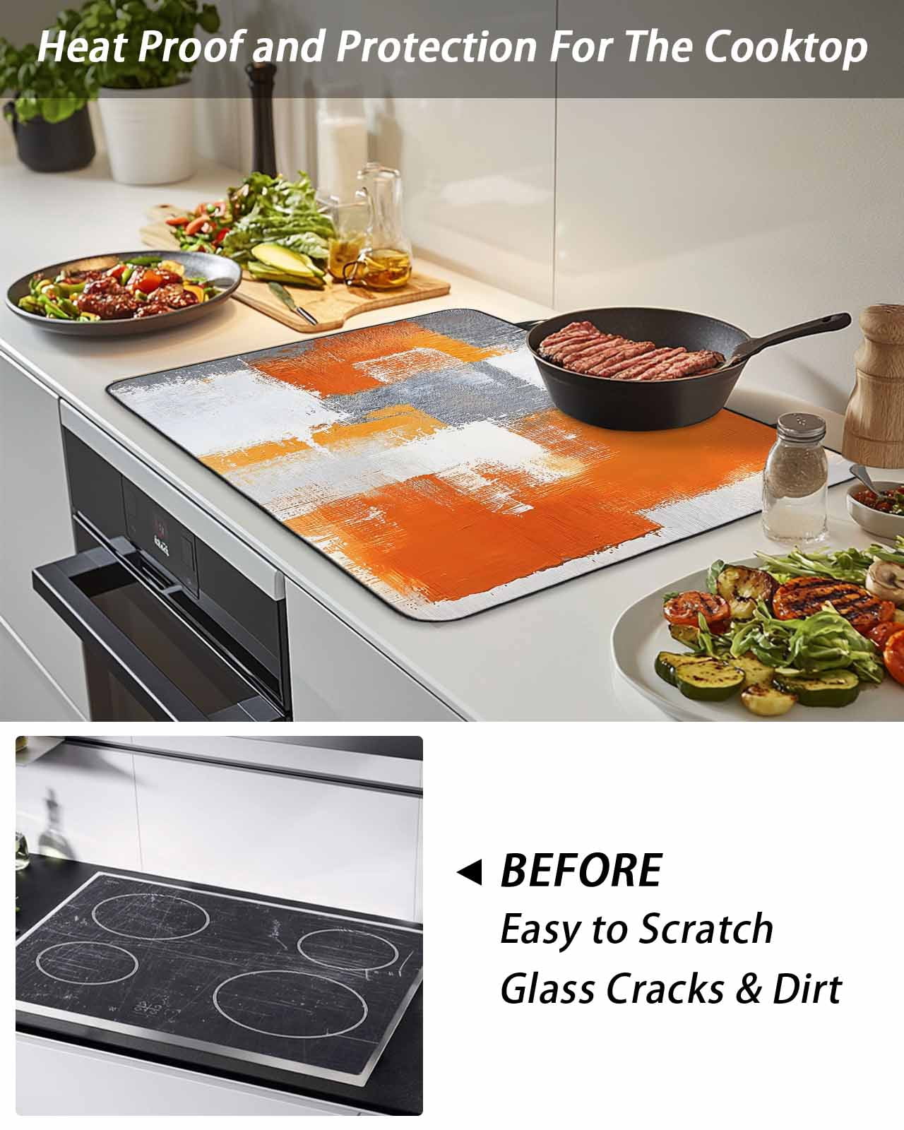 Stove Top Covers for Electric Stove, Burnt Orange Grey Glass Stovetop Cover Protector, Modern Oil Painted Geometric Abstract Induction Cooktop Protector Oven Mat for Kitchen Countertop 24"x21"
