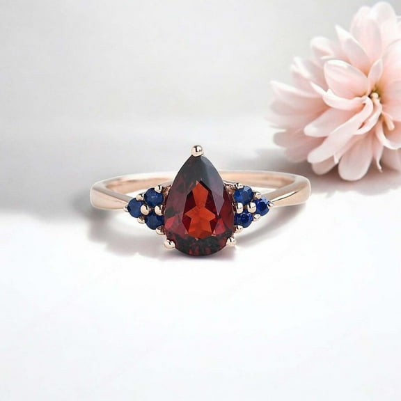 SHREENATHJEWELRY 7x5MM / 2Ct Pear Cut Garnet Engagement Ring Sapphire Cluster Bridal Wedding Ring January Birthstone Women Jewelry Happy Holiday Gift Ring