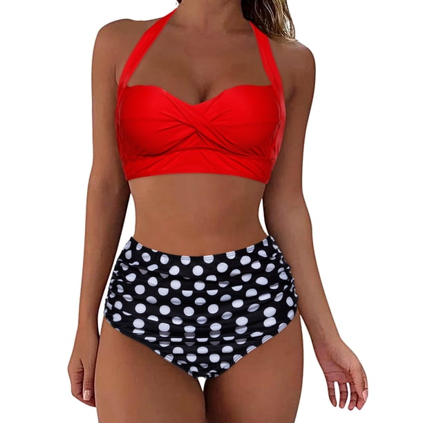 MKLEKYY Bikini Mujer Traje De Baño Women High Waisted Bikini Sexy Push Up Two Piece Swimsuits Vintage Swimsuit Two Piece Retro Ruched High Waist Print Bikini Set 1011