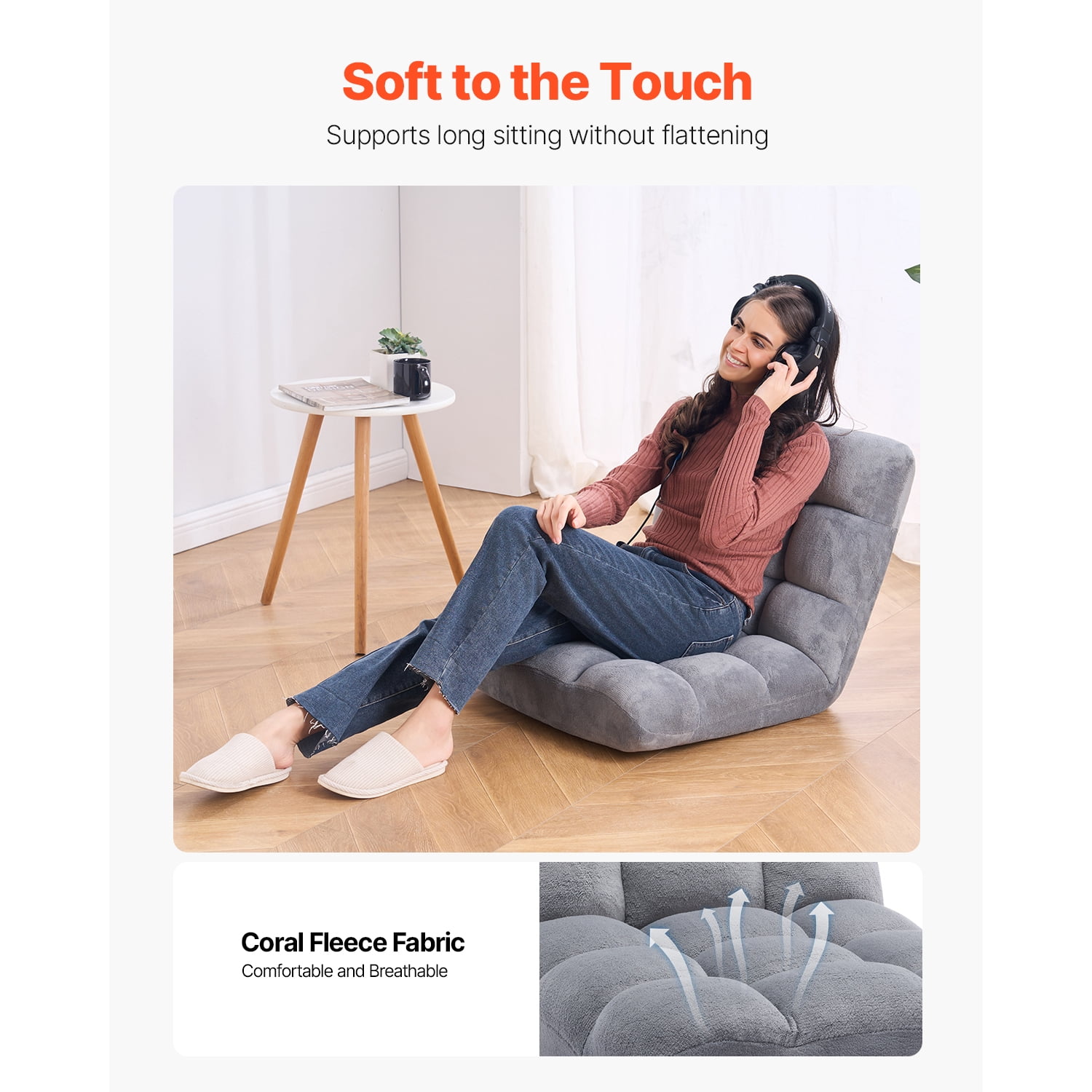 KFFKFF Floor Chair, Foldable Lounge Chair with 14-Position Adjustable, Lumbar Support, Reading Chair Perfect for Sleep, Reading, Gaming, Gray