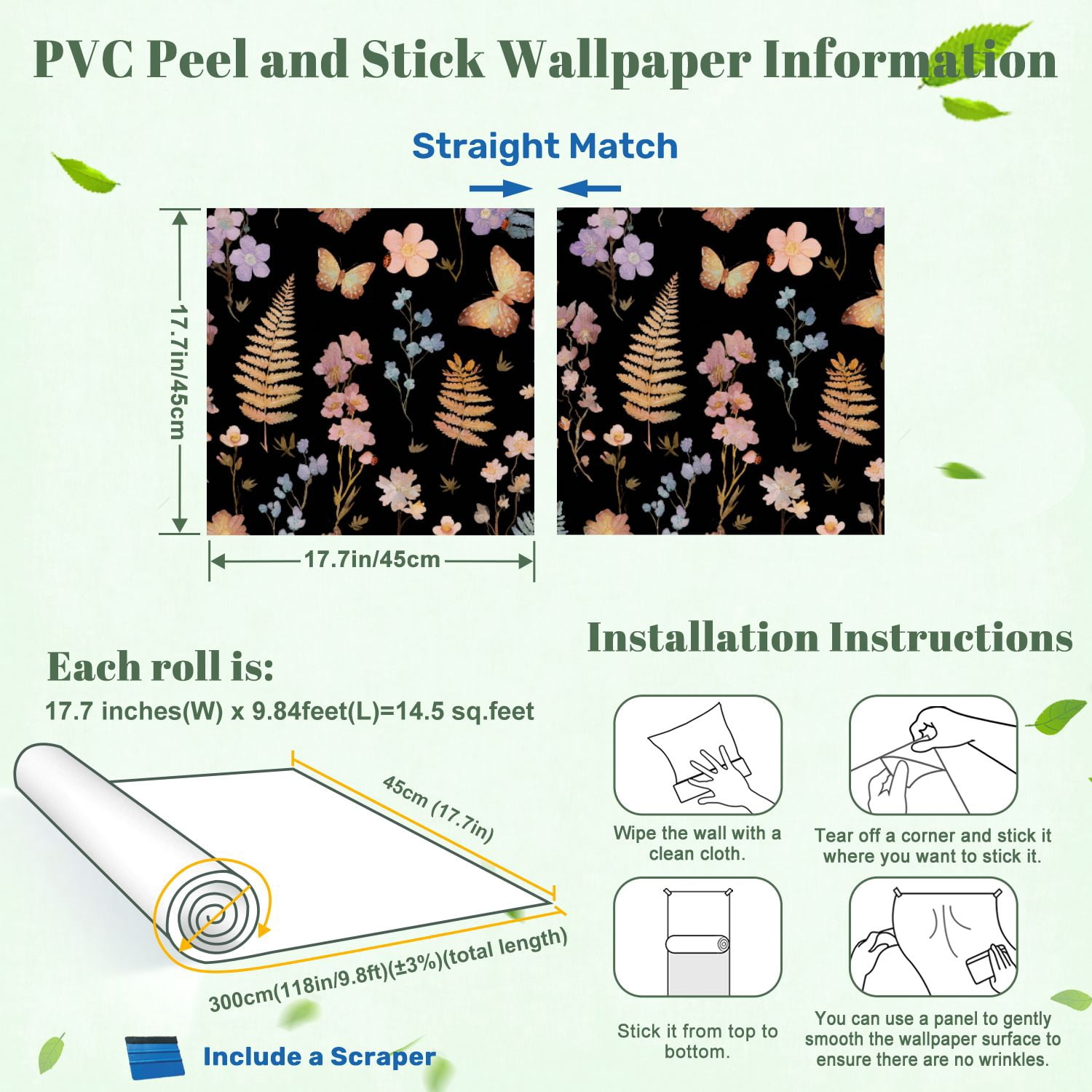 Peel and Stick Wallpaper Watercolor Floral Butterfly Black 17.7in x 118in Contact Paper Removable Self Adhesive Wall Mural Wall Decor for Bedroom Kitchen Cabinets