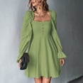 thumbnail image 2 of Vestido de manga larga de mujer estilo francés elegante cuello cuadrado manga de soplo slim fit mujer una línea vestido para fiesta noche verde L, 2 of 8