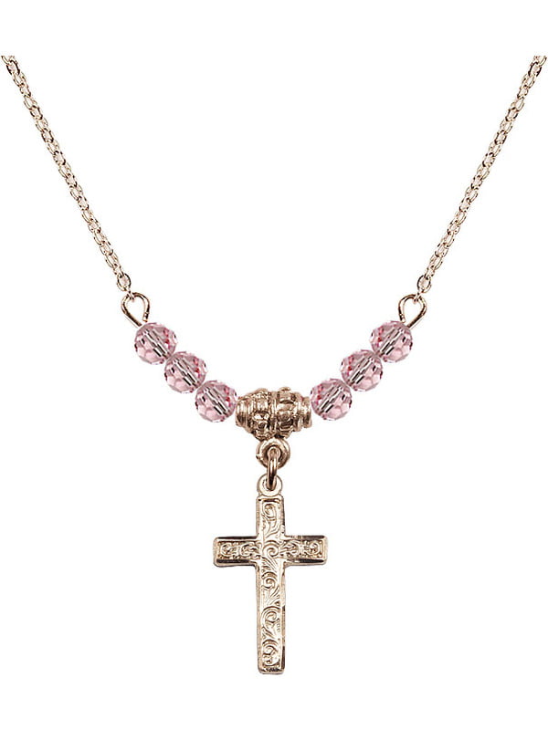 18-Inch Hamilton Gold Plated Necklace with 4mm Light Rose Birthstone Beads and Gold Filled Cross Charm.