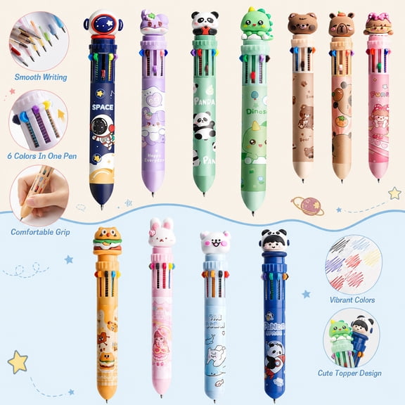 Tarmeek 10-Color Retractable Ballpoint Pen with Cute Character Topper, Multi-Color Pen for Color Coding Notes, Creative Colored Ballpoint Pen for Office and Daily Art Supplies