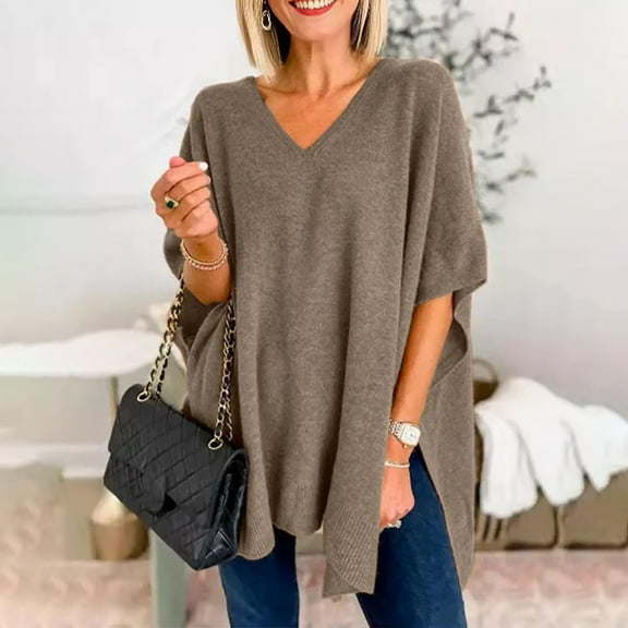 Women's V-Neck Loose Fit Pullover Sweater, Soft Batwing Sleeve Top with Asymmetrical Hem, Casual Fall Fashion 2025, Comfortable Knitwear for Daily Wear and Going Out Coffee L