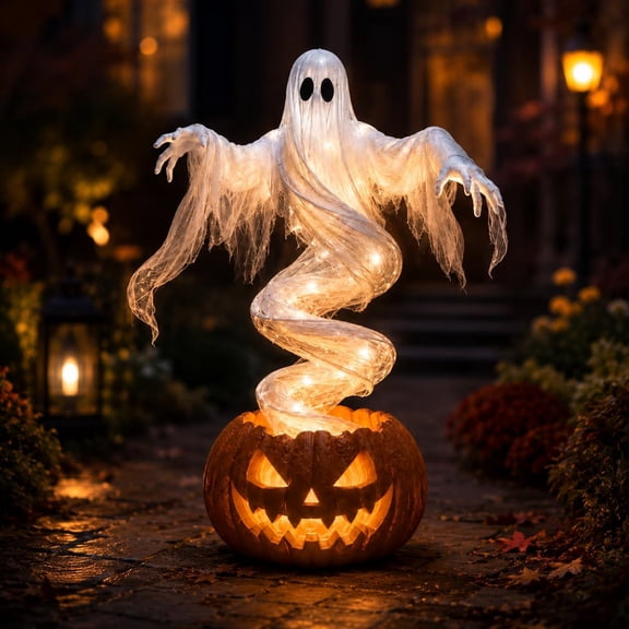Swirling Ghost Pumpkin Yard Lamp Gift for Halloween Lovers, Spooky Lighted Garden Stake with Vintage Ghost Design for Porch Lawn