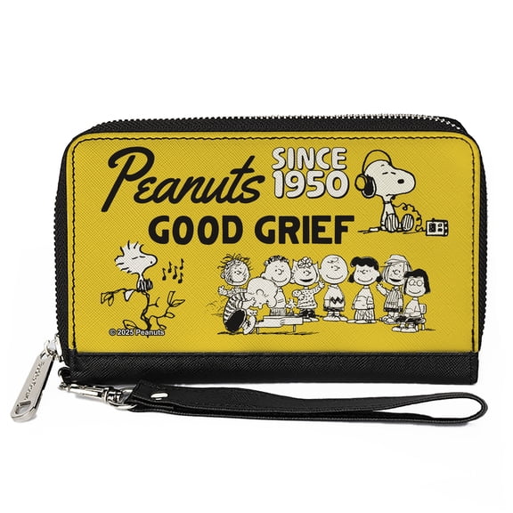 Peanuts Wallet, Zip Around, Peanuts Gang Since 1950 Good Grief Group Pose Yellow Black, Vegan Leather