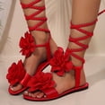 thumbnail image 3 of Rokment Womens Boho Beach Flower Strappy Dress Sandals Ethnic Bohemian Bride Wedding Leather Floral Braided Open Toe Flat Slip on Slides Shoes Summer Red Size 7.5, 3 of 7