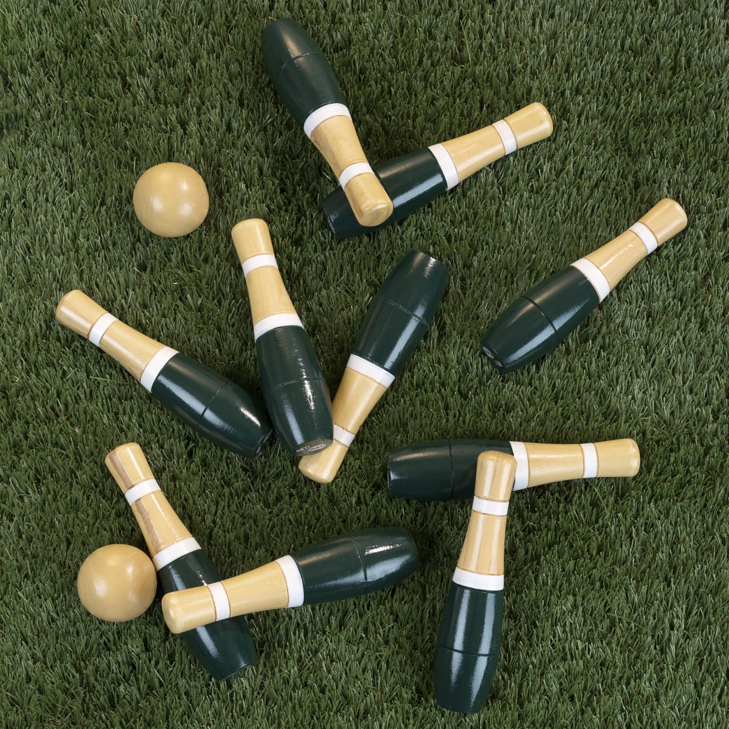 Lawn Bowling Game/Skittle Ball- Indoor/Outdoor Fun for Kids, Adults –10 Wooden Pins, 2 Balls, and Mesh Bag Set by Hey! Play! (8 Inch - Green/White)