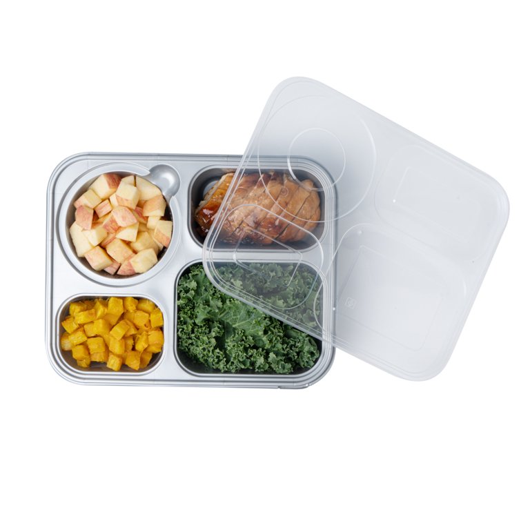 Futura 24 oz Rectangle Silver Plastic Tamper-Evident Take Out Container - with Clear Lid, Microwavable - 7 inch x 4 3/4 inch x 1 3/4 inch - 100 Count