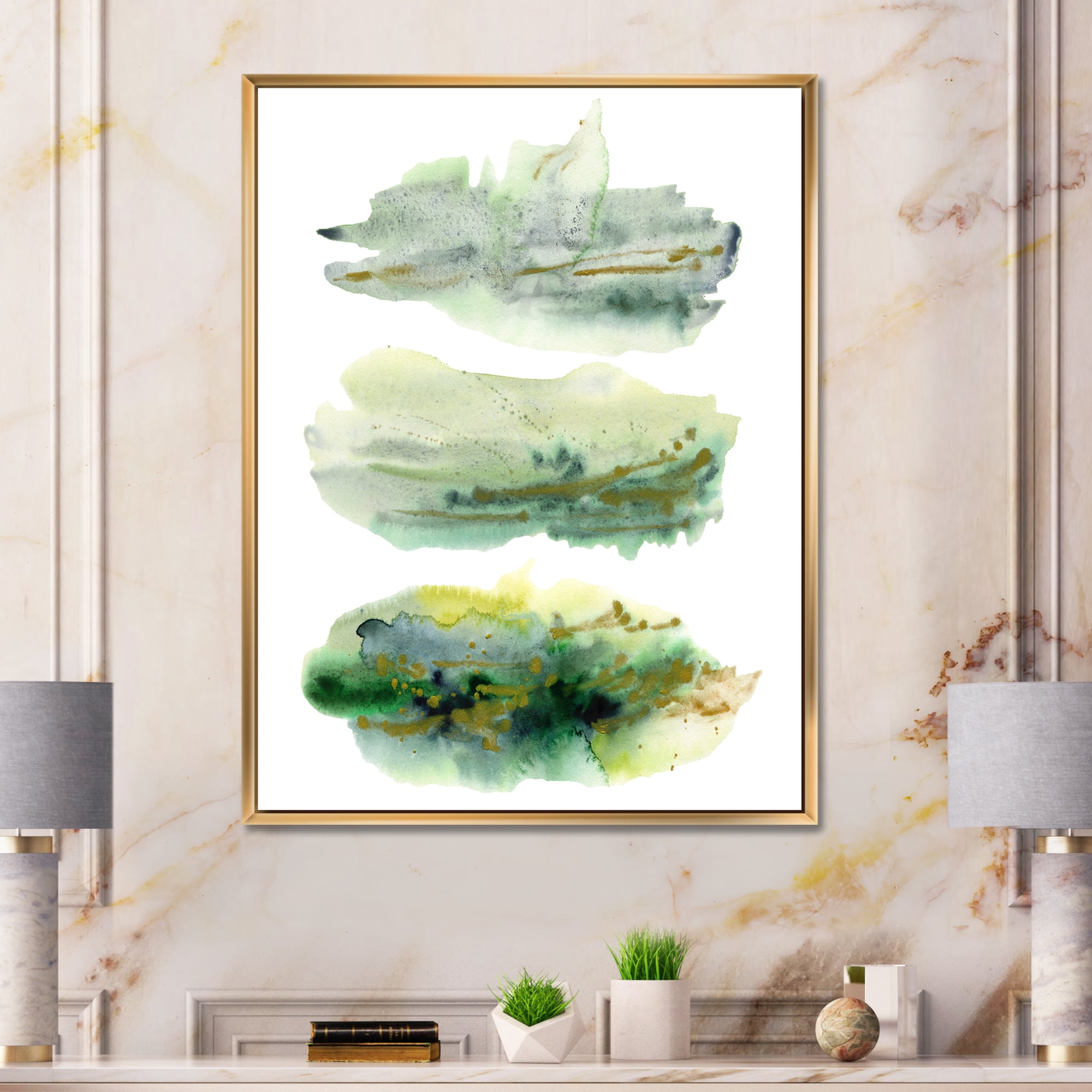Designart 'Golden Green Abstract Clouds II' Modern Framed Canvas Wall Art Print