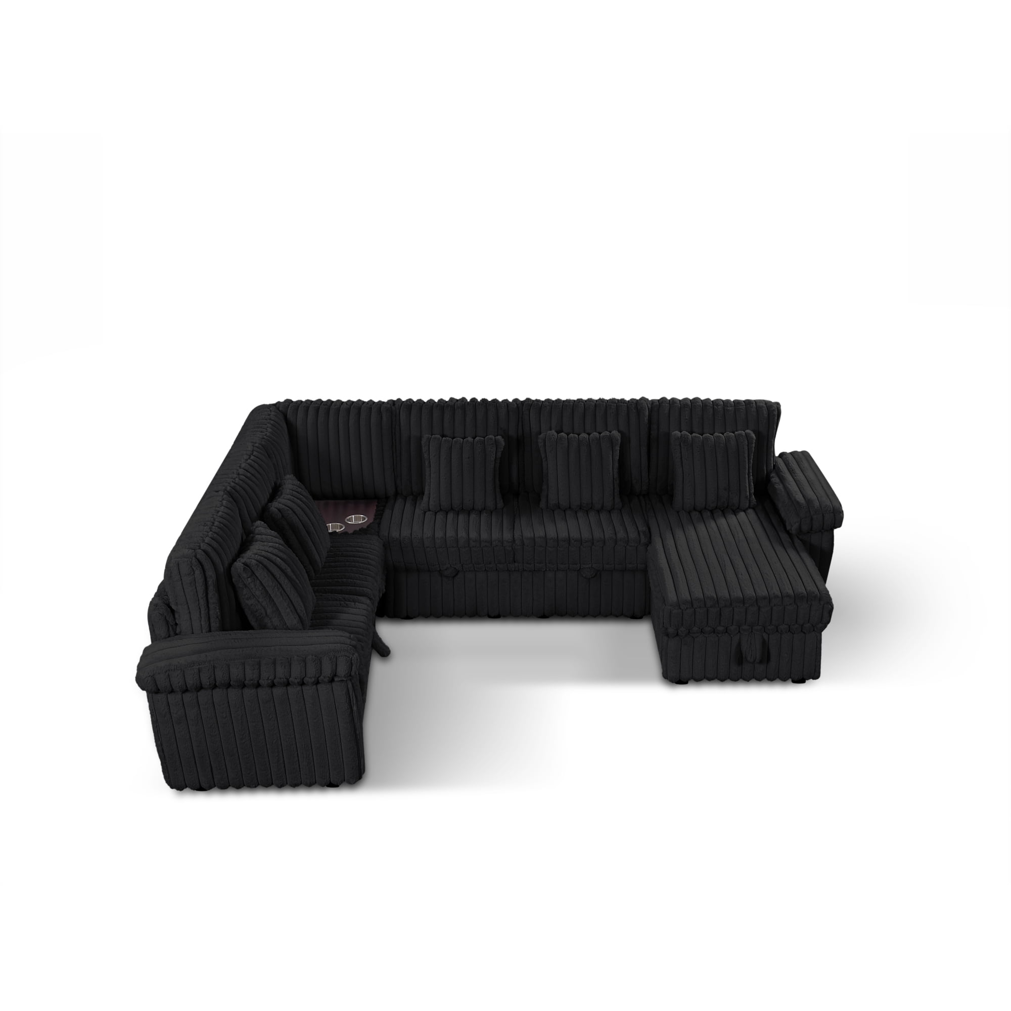 103" U-Shaped Corduroy Sectional Sofa with Pull-Out Sleeper Bed and Storage Chaise, Soft Plush Modular Sofa Couch with Corner Table with Cup Holders and USB Port for Living Room