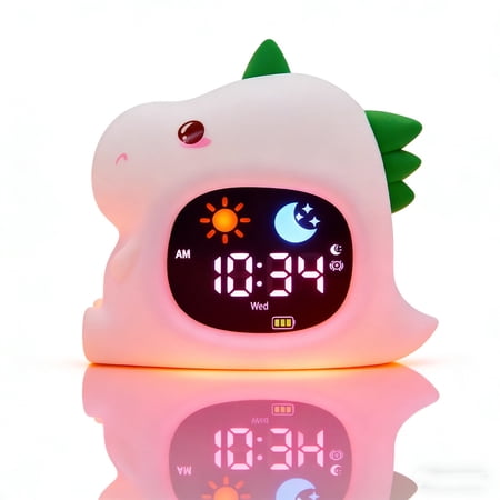 Dinosaur Children's Sleep Training Alarm Clock - Night Light with Wake Up Light, Sleep Sound, and Color Changing Emotion Light
