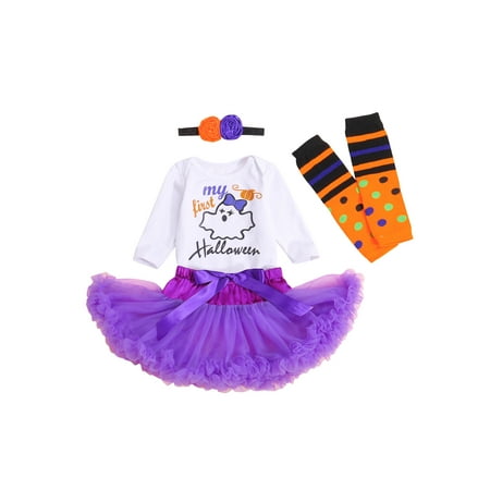 

ZIYIXIN 4PCS Newborn Baby Girls Halloween Outfits Long Sleeve Romper + Tutu Skirt + Leg Warmers + Headband Set Purple White 12-24 Months