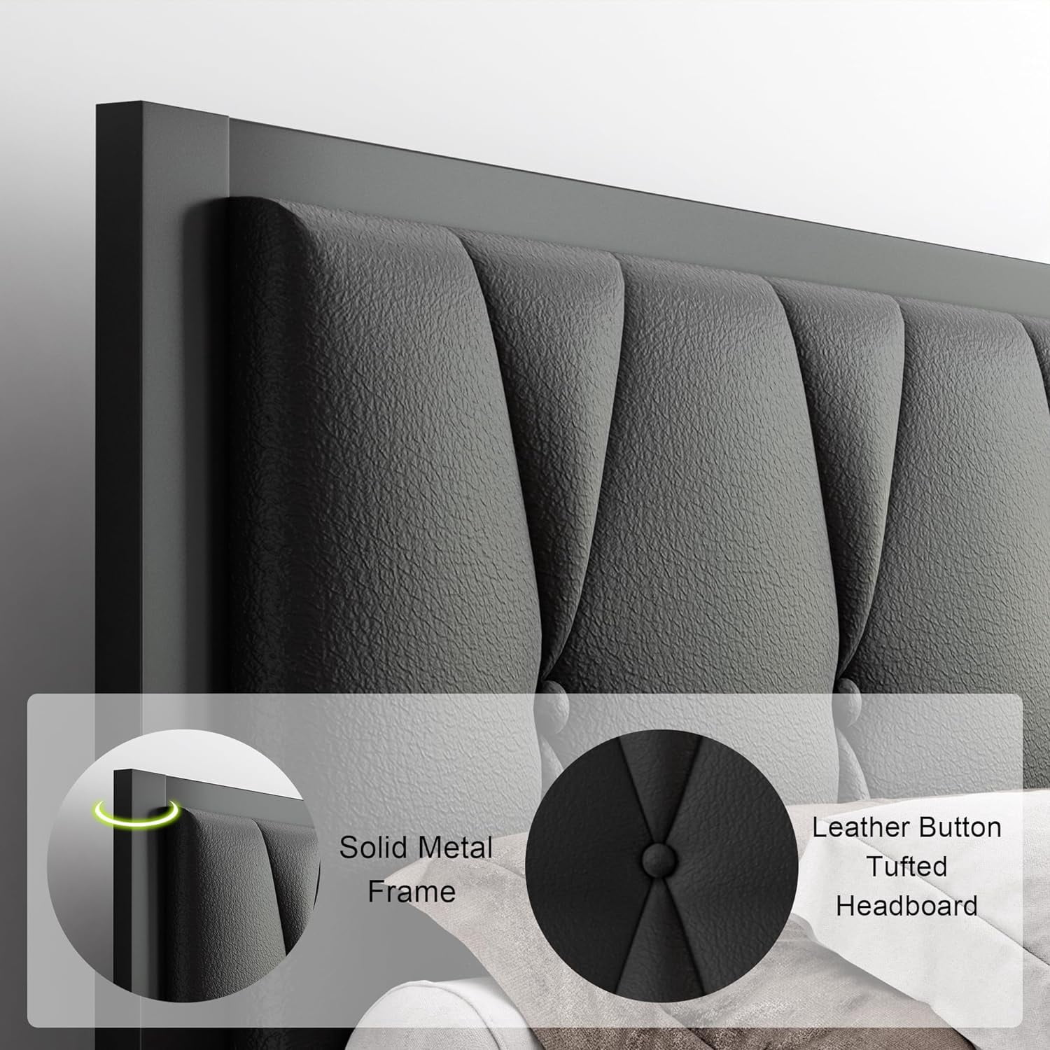Feonase Full Size Metal Platform Bed Frame,Faux Leather Button Tufted Headboard&12" Underbed Storage,  Black