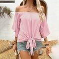thumbnail image 2 of ZJXFGS Off The Shoulder Tops Women Summer 3/4 Bell Sleeve Tie Knot Boho Shirt Blouses Pink 2XL, 2 of 4
