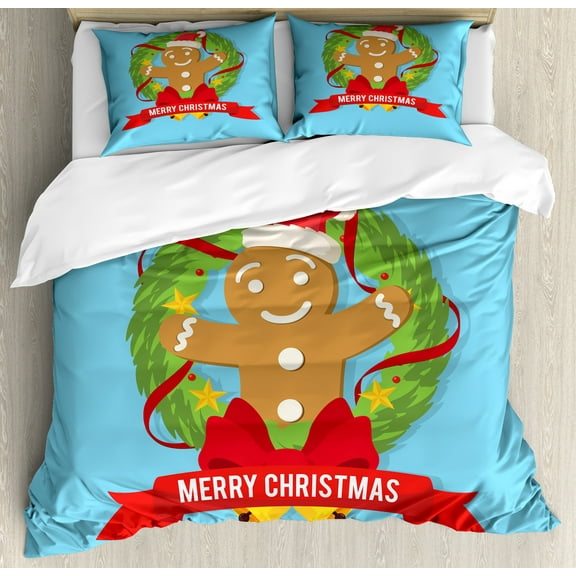 Christmas Duvet Cover Set, Gingerbread Cookie Man inside of a Noel Wreath Dark Pink Ribbon Bells, Decorative 3 Piece Bedding Set with 2 Pillow Shams, Calking Size, Sky Blue Multicolor, by Ambesonne