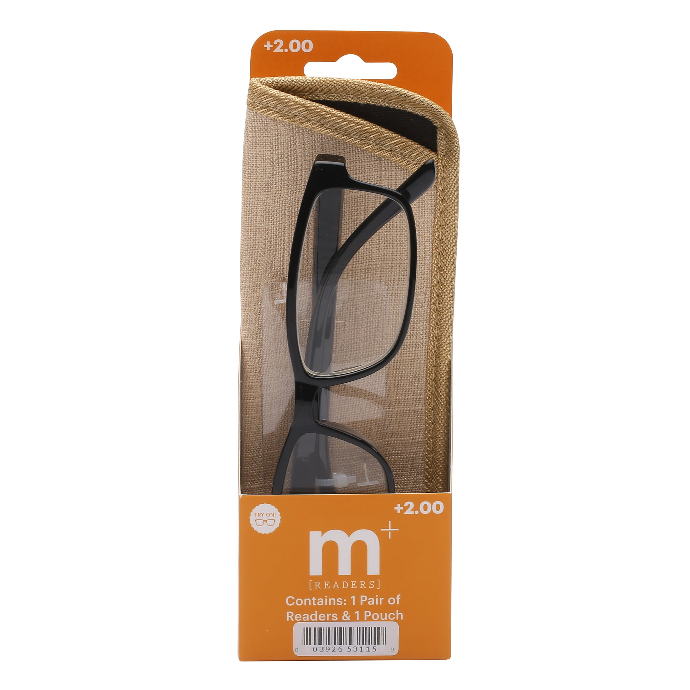M+ Mens Rectangular Plastic Reading Glasses 2.00 Frazier in Classic Black