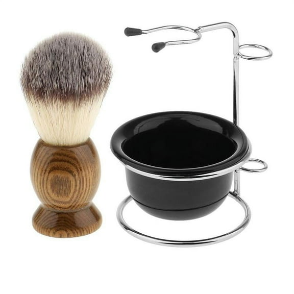 Wood Shaving Brush Stainless Steel Holder Stand Soap Cream Mug Bowl Set