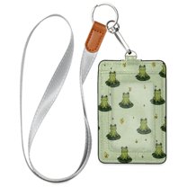 PU Leather Badge Holder ID Badge Holder with Lanyard for Cards & Credentials Cute Frogs on Lily Pads
