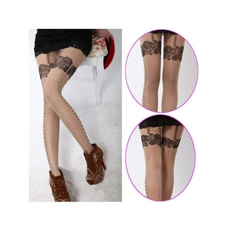 Newest Super Lady Sexy Tattoo Side Flower Sheer Pantyhose Tights Stockings -