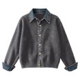 thumbnail image 6 of Fengqque Women’s Denim Collar Button Down Cardigan Sweaters Long Sleeve Cuffed Denim Trim Loose Fit Outerwear Tops Dark Gray Free Size, 6 of 6