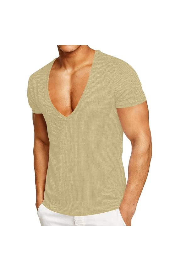 Mens Deep V Neck T-shirts Summer Casual Short Sleeve Tops Fashion Solid Color Loose Blouses