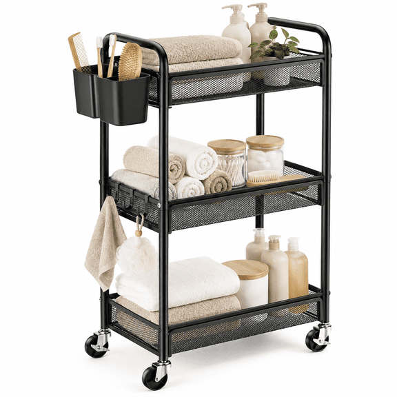 3 Tier Rolling Cart Organizer, Mesh Cart with Wheels, Utility Cart with Hanging Cups, Hooks for Office, School, Storage, Black