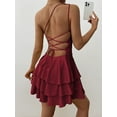 thumbnail image 5 of Women'S One Shoulder Smocked Shirred Tiered Ruffle Sleeveless A-Line Mini Dress Wine Red XS, 5 of 8