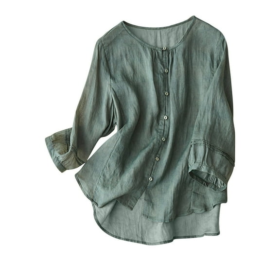 LEAVINGSUO Fall Round Neck Tops for Women,Women's Round Neck Ramie Loose Shirt Literary Retro Everything Casual Thin Top Long Sleeve Crew Neck Top/Shirt Blue M