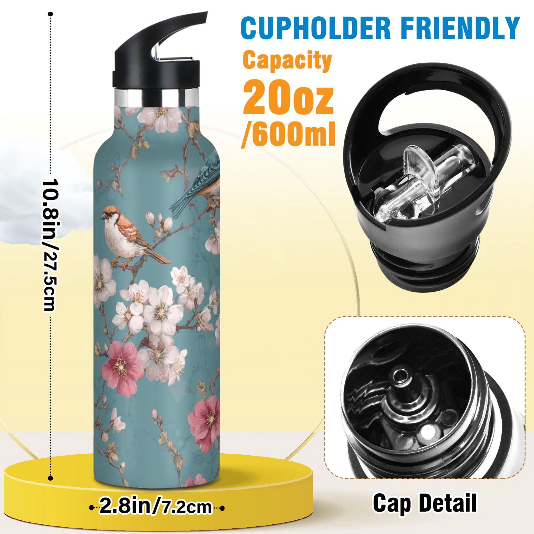 Kids Insulated Stainless Steel Sports Water Bottle 600ml (20oz) Birds and Cherry Pattern