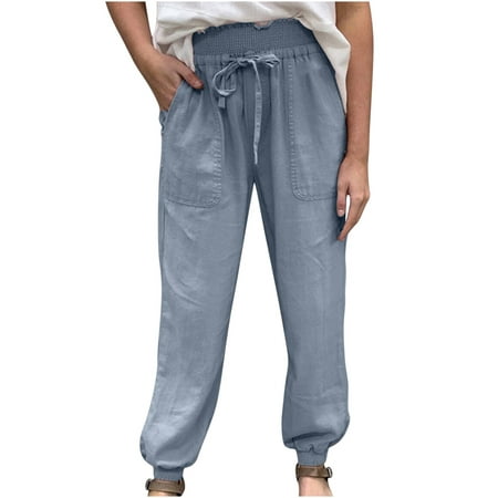 

Dadaria Linen Pants for Women Solid Color with Pockets Bandage Elastic Waist Comfortable Harem Pants Blue M Female