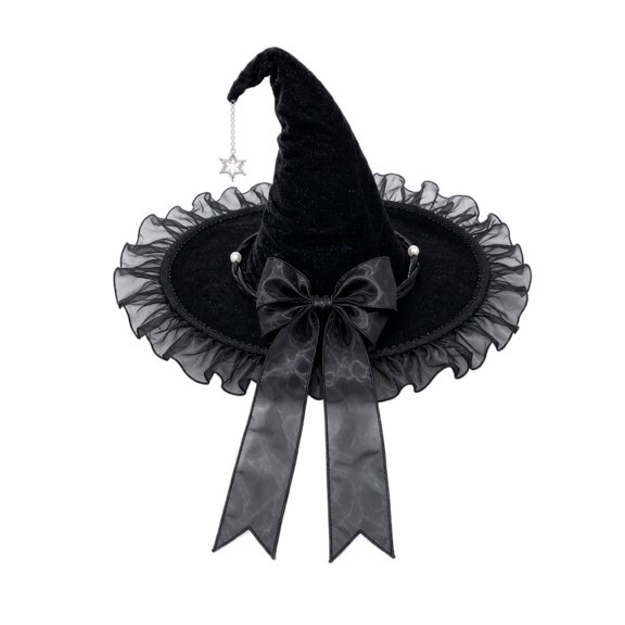 Womens Witch Hat with Organza Trim and Ribbon Tails, Wide Brim Pointed Cone Costume Hat, Wizard Headwear for Halloween Party Dress Up Cosplay Black