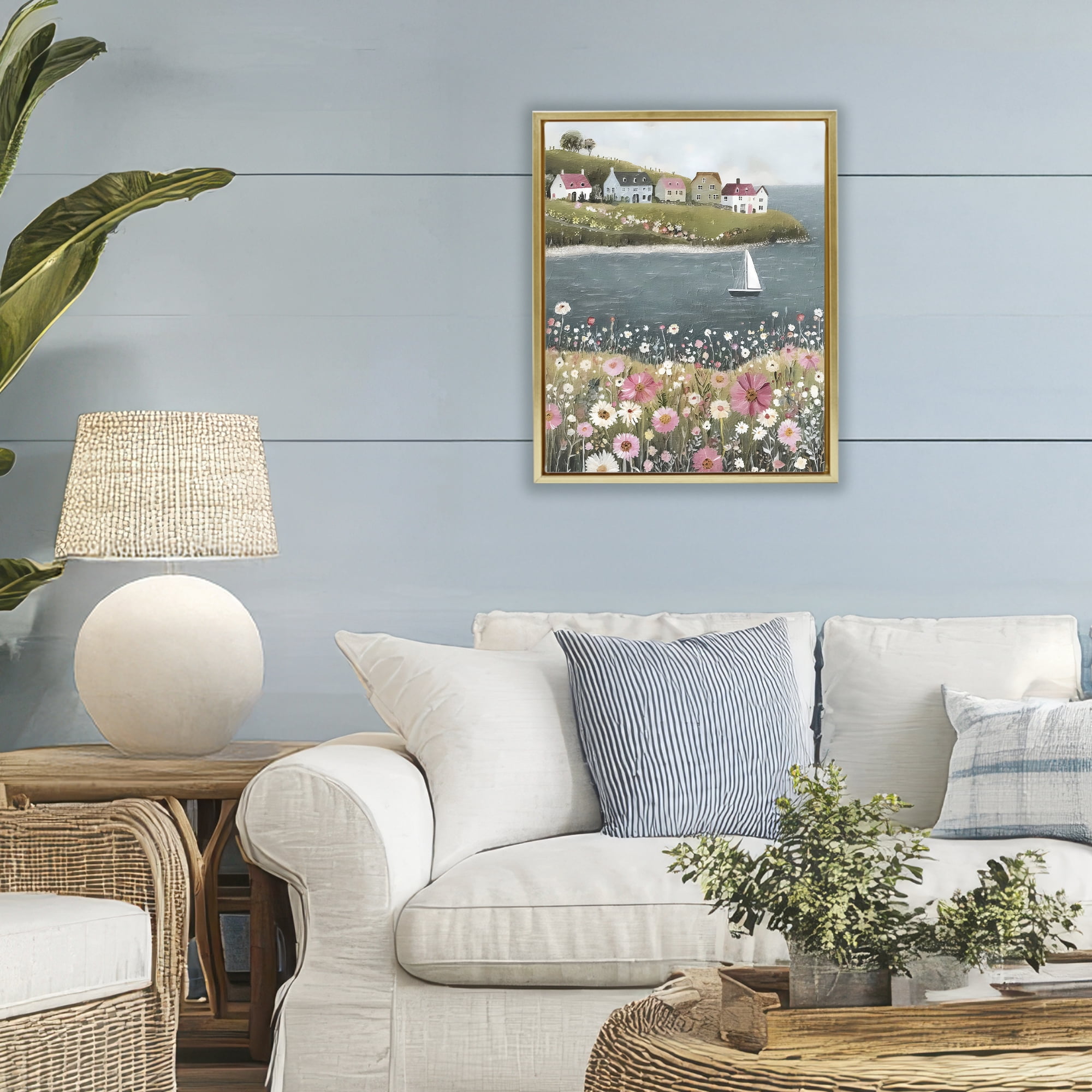 Stupell Industries Pink Meadow & Sailboats Gold Framed Floater Canvas Wall Art, design by Riley B