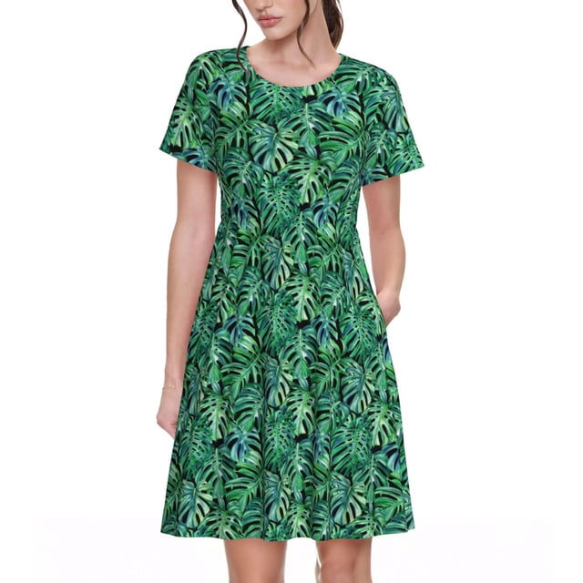 Balery Monstera Leaves Vestidos sueltos de manga corta para mujer, vestidos de verano 2025, vestidos casuales de corte A con vuelo.