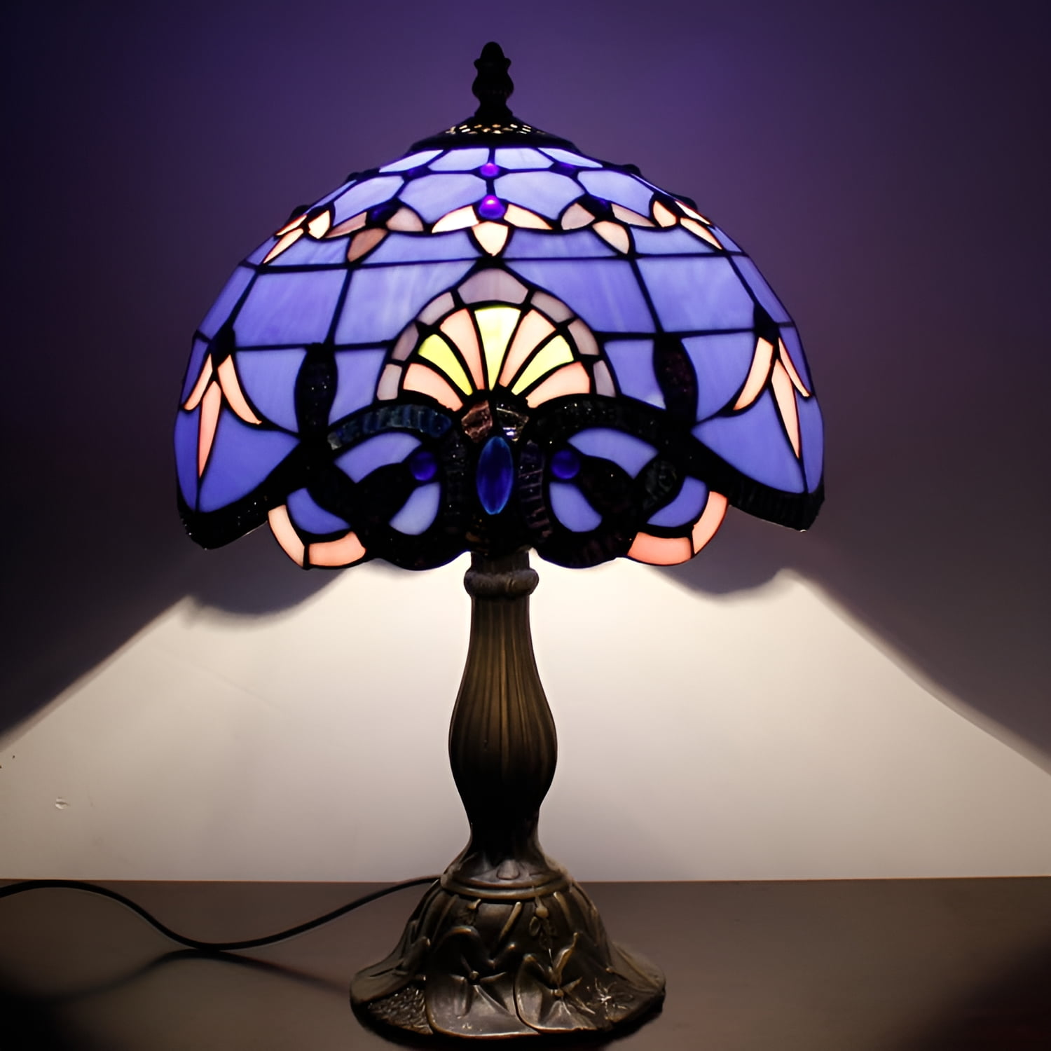 Tiffany Lamp Stained Glass Table Bedside Lamp Blue Purple Baroque Style Lavender Antique Reading Desk Light 18" Tall Living Room Bedroom Coffee Bar Library Memory Sympathy WERFACTORY LED Bulb Included