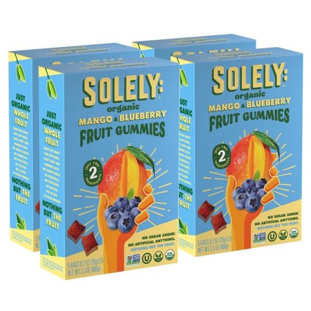 Solely Organic Mango & Blueberry Whole Fruit Gummies, 3.5 oz, 4 Pack - Real Fresh Fruit, Vegan
