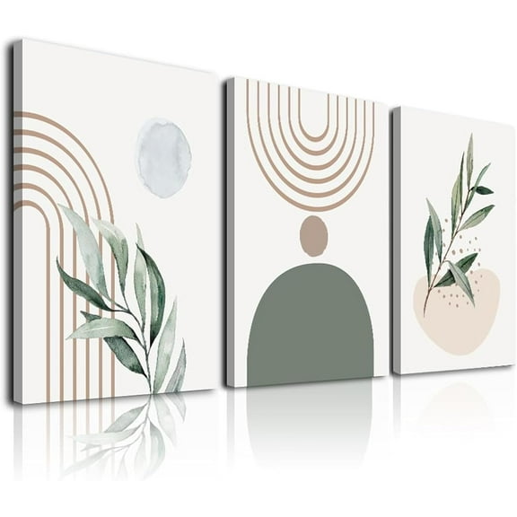 Framed Boho Wall Art, KBKBART Abstract Sage Green Wall Decor Palm Leaf Sun Moon Line Green Canvas Painting, Minimalist Geometric Boho Room Decor, Sage Green Wall Posters & Prints for Living Room,