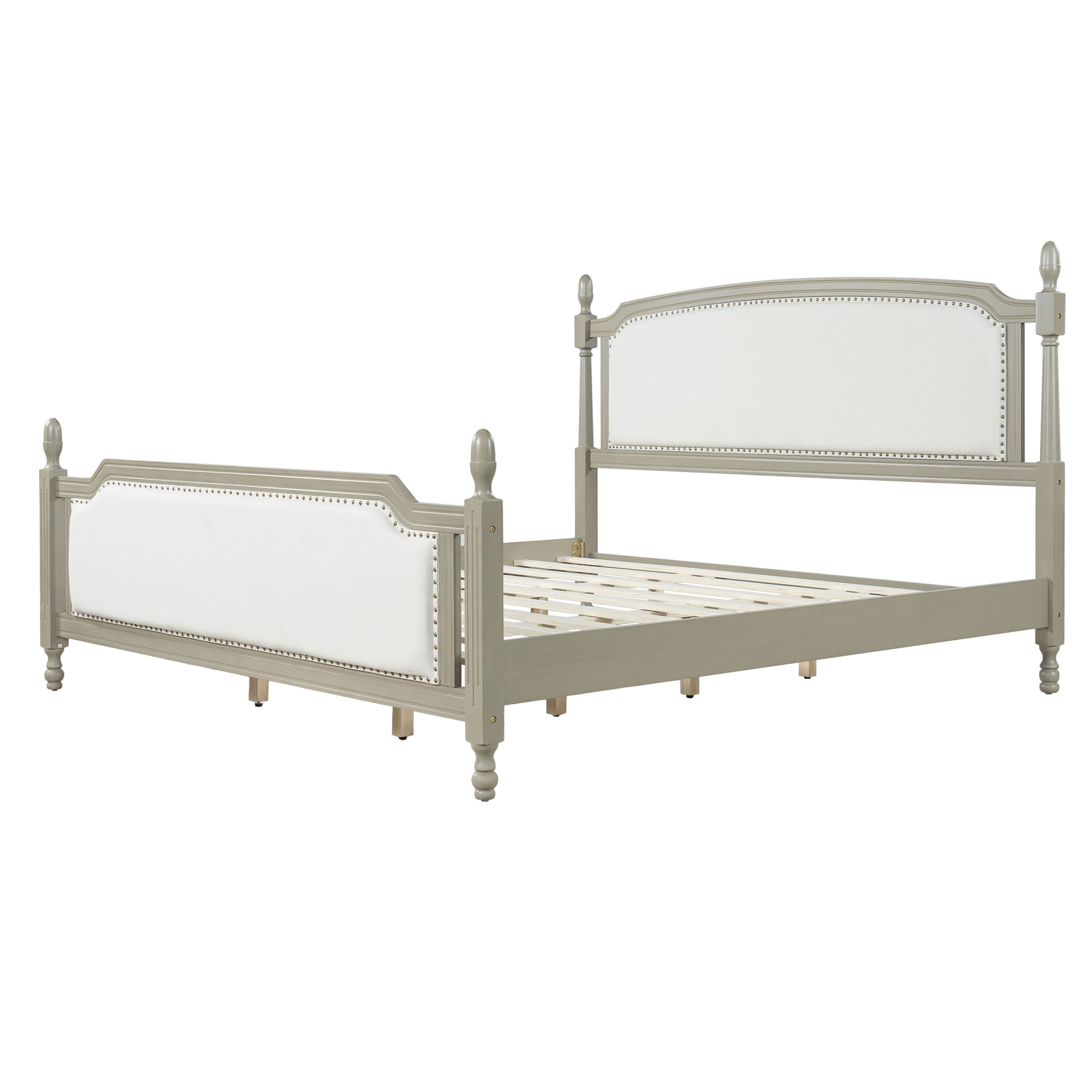 Christopher Knight Home Classic Upholstered Platform Bed Frame with 4 Posters, Nailhead Trim, King, Driftwood Gray