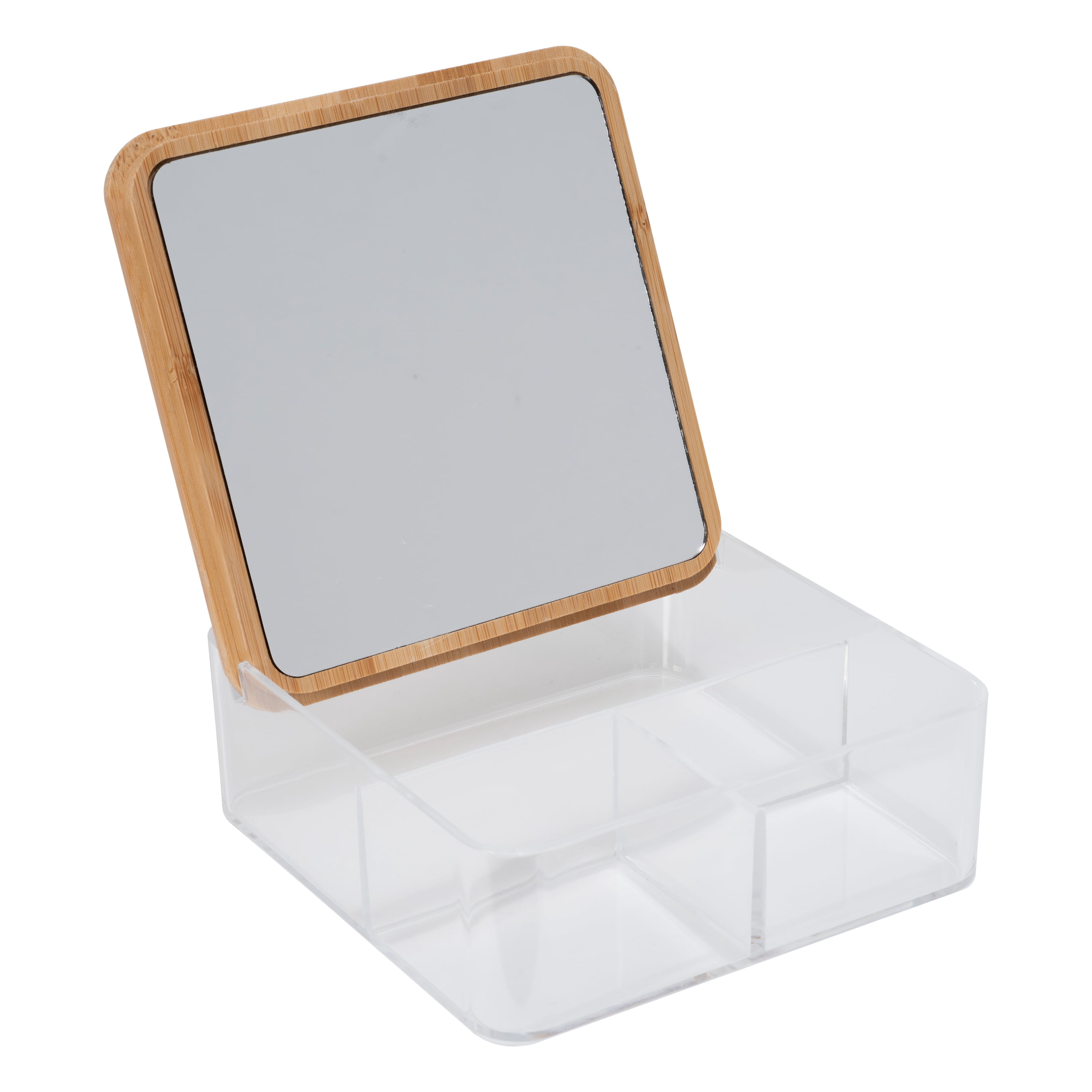 Simplify 3 Compartment Clear Plastic Organizer with Bamboo Lid & Mirror