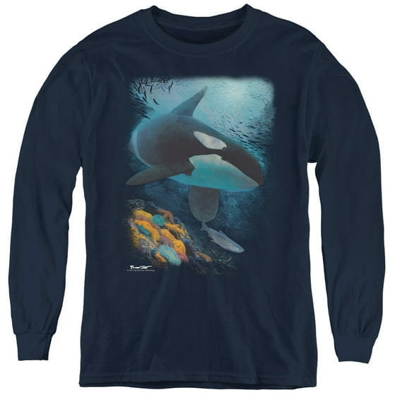 Wildlife Salmon Hunter Orca Youth Long Sleeve T-Shirt Navy