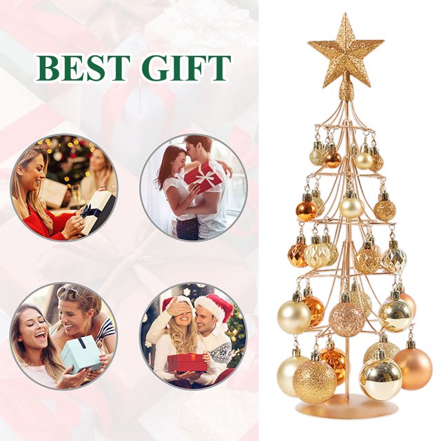 Mini árbol de Navidad Soporte de exhibición Artesanía Regalo Marco de hierro Bola de Navidad Decoración (Oro)